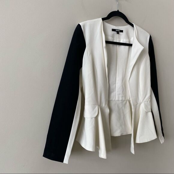 Naven-black & White Colour Block Bardot Peplum Blazer (Size:0) - Picture 6 of 10